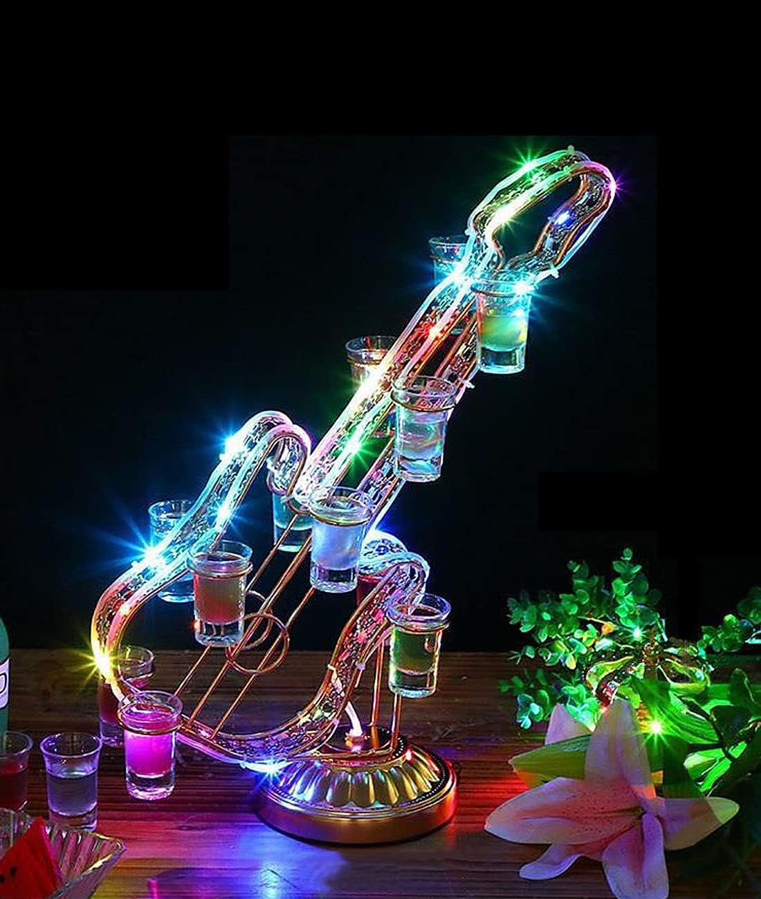 Dishengzhen Green Led Neon Champagne Wine Electroplate Metal Cup Holder, Colorful Light, Guitar Shaped Rechargeable Cocktail Shelve, Liquor Bottle Display Rack For Party Club, Ktv, Bar,Birthday, Wedding, Anniversary