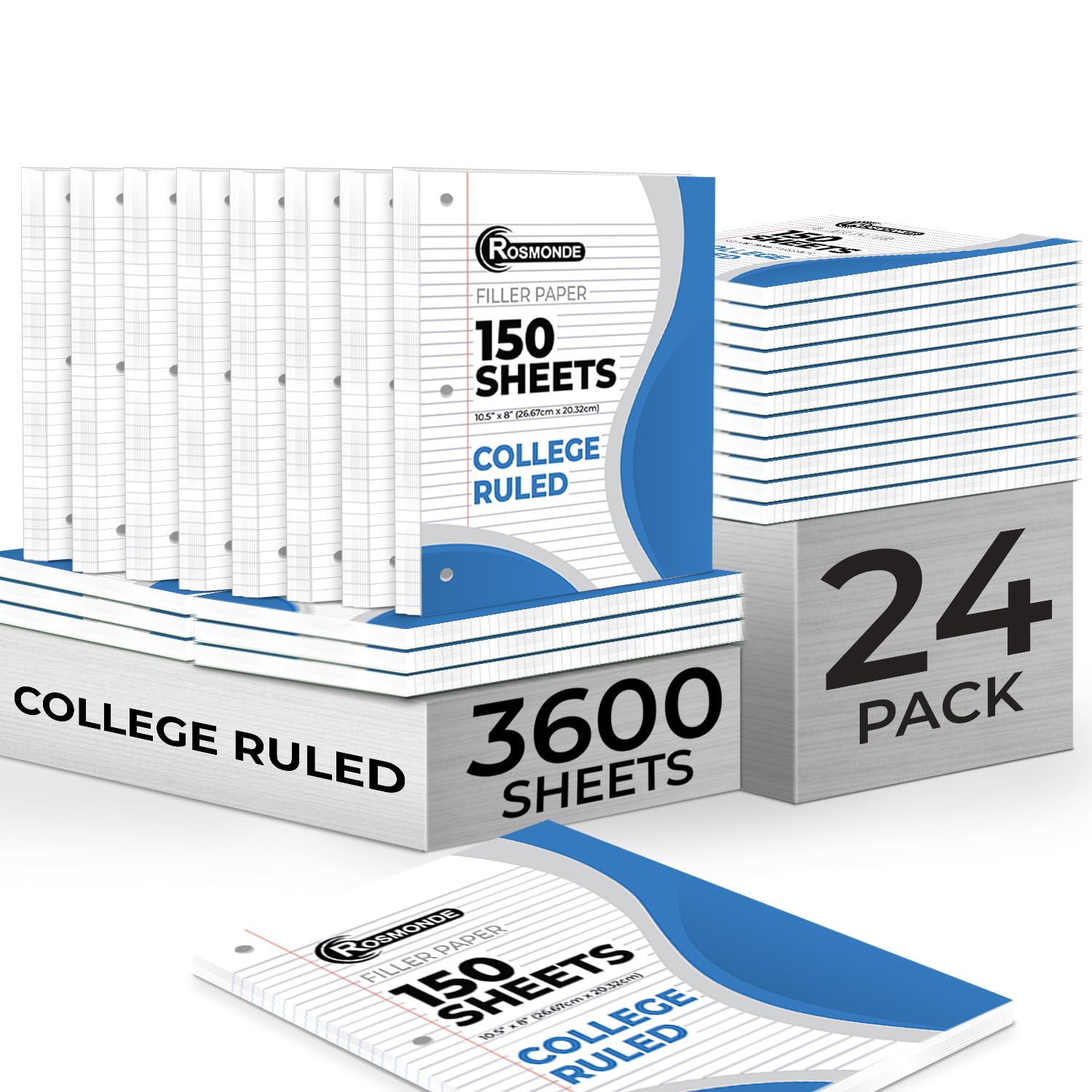 Rosmonde Bulk Loose Leaf Paper, 3600 Sheets, College Ruled, Bulk Filler Paper for Office, 8 x 10.5", 3 Hole Punched, 3 Hole Punched, 24 Pack, 150