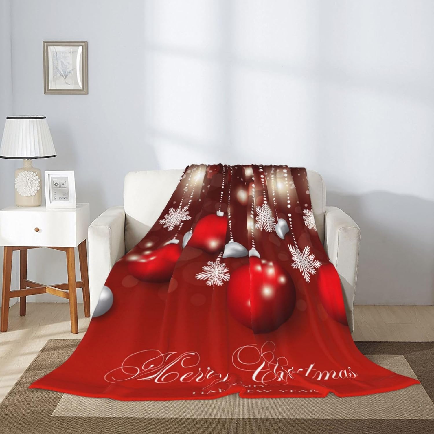 Throw Blanket Christmas Red Glitter Snowflake Ball Bed 60 x 80 Inch Soft Lightweight Fluffy Warm for Sofa Couch All Seasons Cozy Cover Quilt