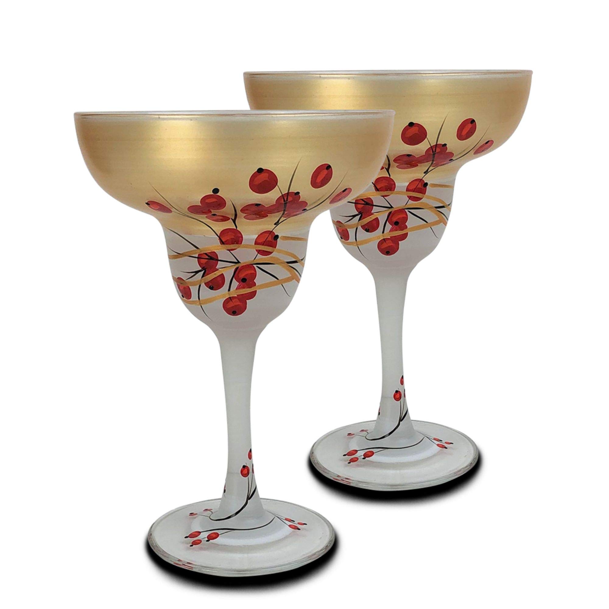 Set of 2 Berries & Branches Hand Painted Margarita Drinking Glasses - 12 Ounces
