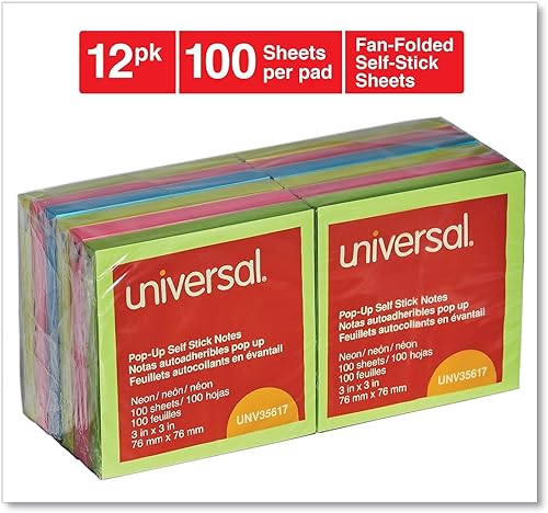 Miniatura 2 de Universal Bloc de notas autoadhesivas plegables con abanico, 3 x 3 pulgadas, colores neón surtidos, 100 hojasbloc, 12 blocs por paquete