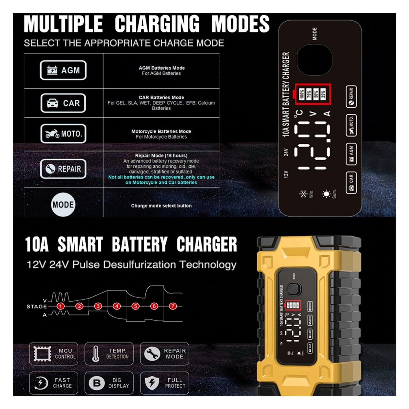 Cargador De Batería Coche 12V Y 24V Carga Automática Inteligente LCD Digital Carga De PrecisióN
