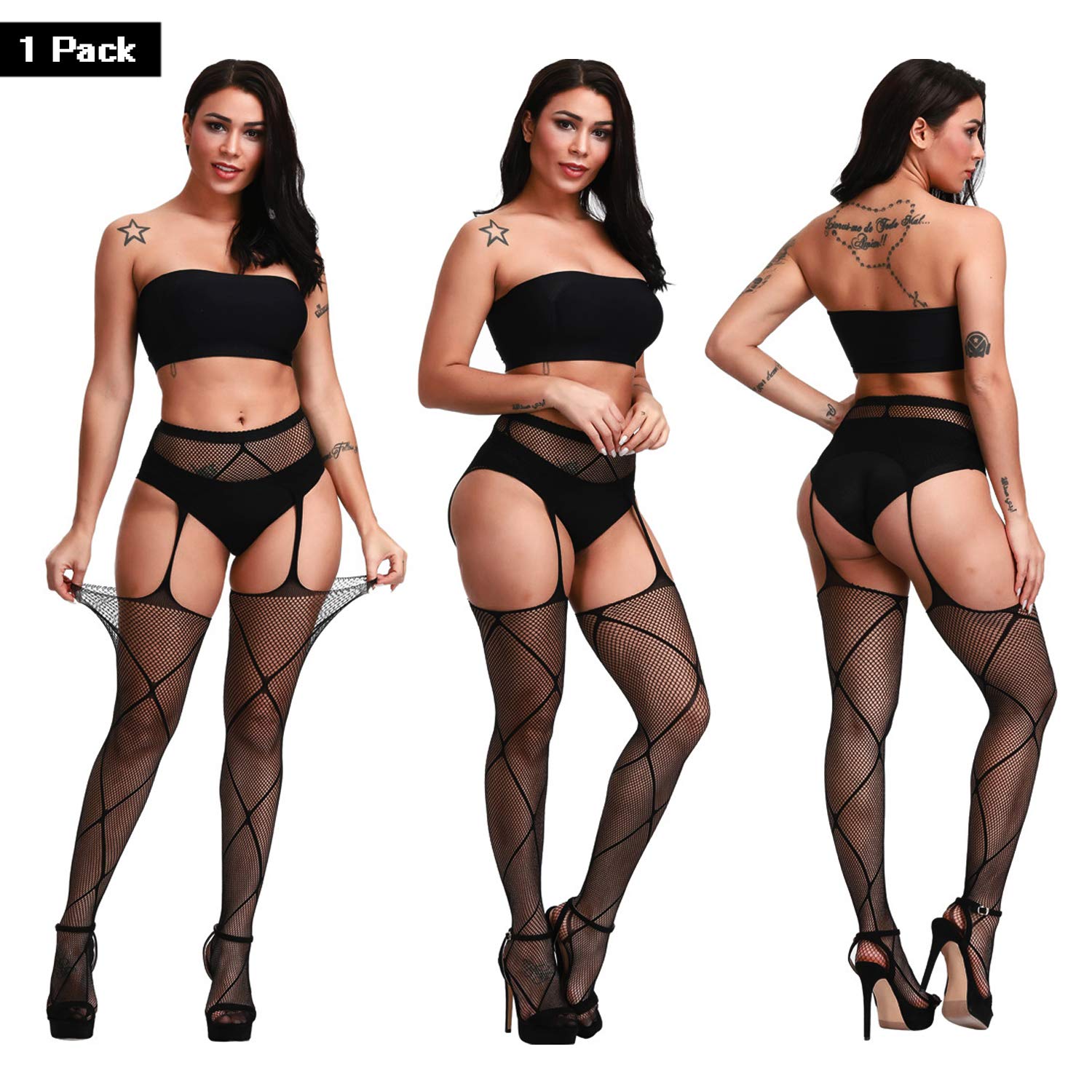 DRESHOW 6 Pack Fishnet Garter Belt Stocking Suspender Pantyhose Tights Thigh High Pantyhose: One Size 6 Pair A: Black Pattern Pantyhose