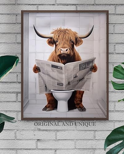 Miniatura 8 de Divertido periódico de lectura de vaca de las tierras altas sentado en el inodoro, 11 x 14 pulgadas, sin marco, impresión artística de pared sin