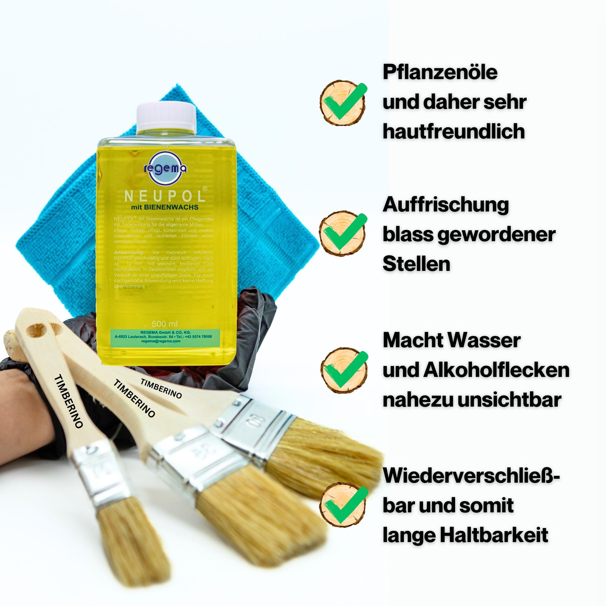 TIMBERINO Pflegeset Neupol Bienenwachs Holzöl [500ml] Pflegeöl für Holzmöbel Innen Parkett Öl Echtholz Furnier [Holzöl+Öltuch+Pinsel+Handschuh] Möbelpolitur Holz