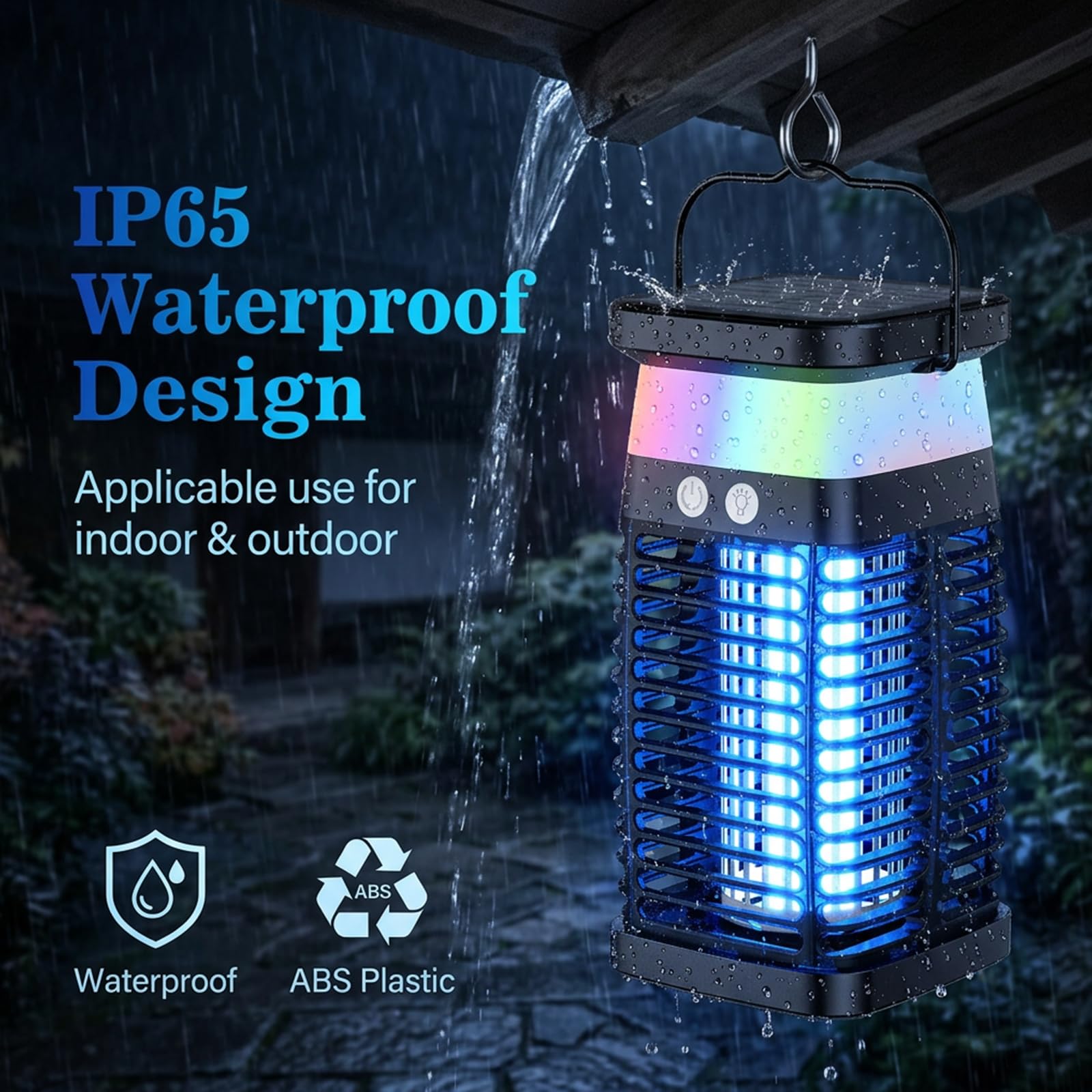 Qoosea Anti-Moustique Solaire Électrique, Lampe Tue-Moustiques avec Grille 4200V Recharge USB-C Batterie 4000mAh IP65 Étanche Piège à Insectes pour Maison Cuisine Chambre Jardin Intérieur et Extérieur