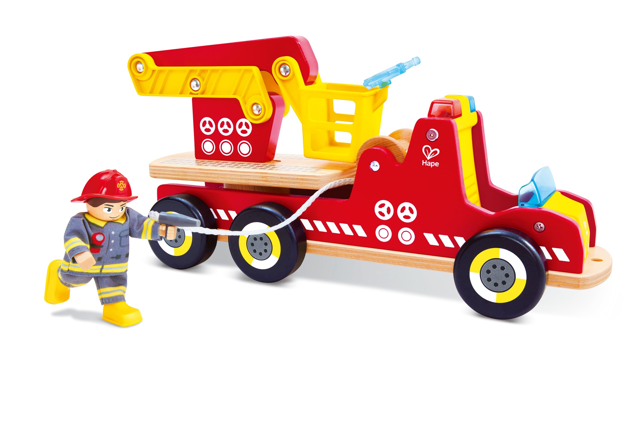 Hape Feuerwehrauto mit Beleuchtung und Sirene - mit Feuerwehrmann-Figur, Spielzeugauto, Feuerwehrauto mit drehbarer Leiter & Zubehör, aus Holz, Rollenspielzeug für Kinder ab 2 Jahren