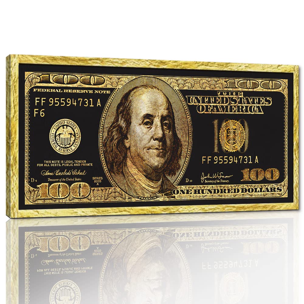 Large Size Motivational Framed Wall Pictures 100 Golden Dollar Money Artwork Posters Prints Culture Style Street Art Inspirational Canvas Painting Wall Art for Kids Room Studio Ready to Hang-48"Wx24"H