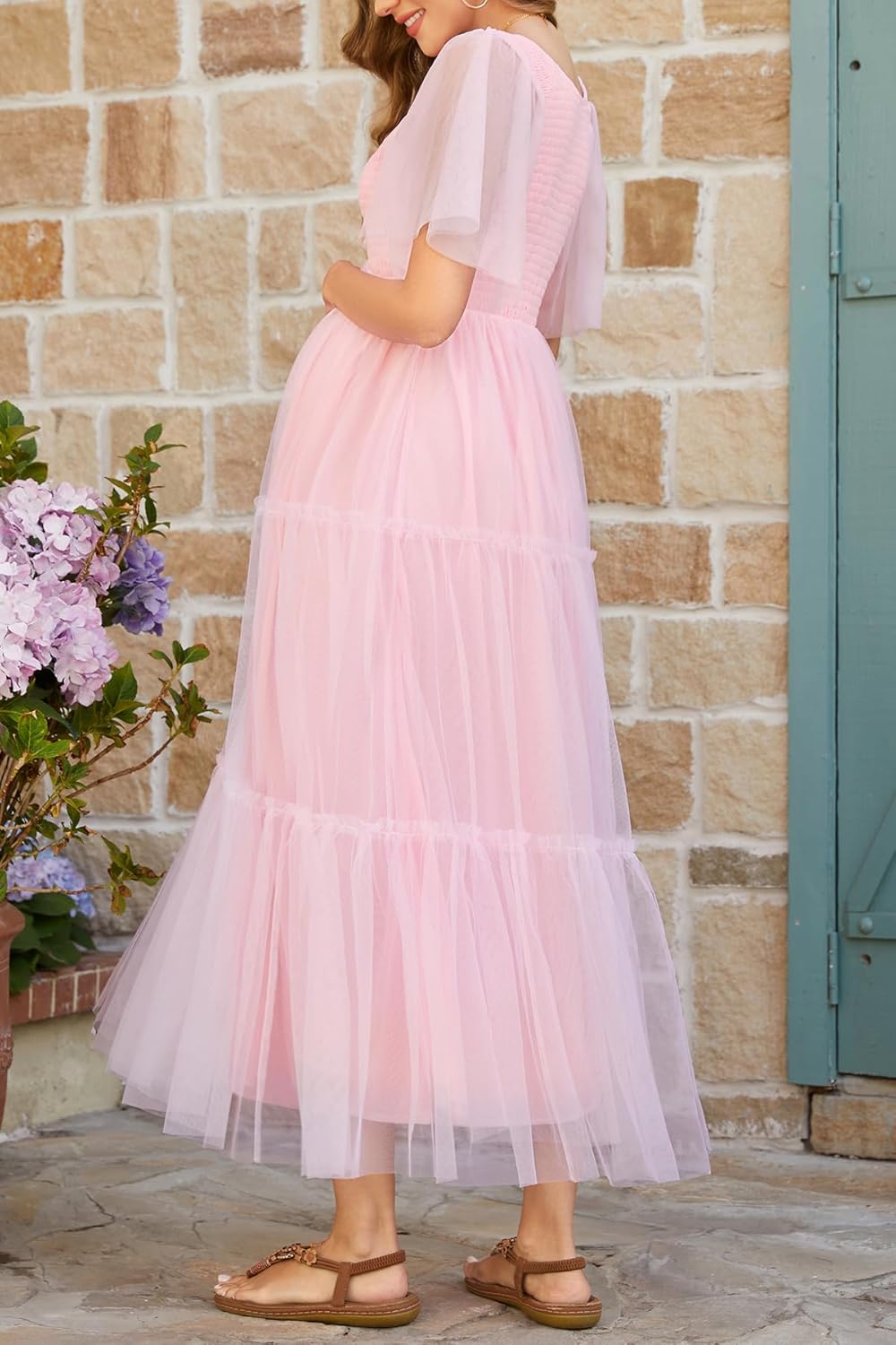 Maternity Photoshoot Dress-Baby Shower 2026 Pregnancy Summer Maxi Flutter Sleeve Mesh Dress