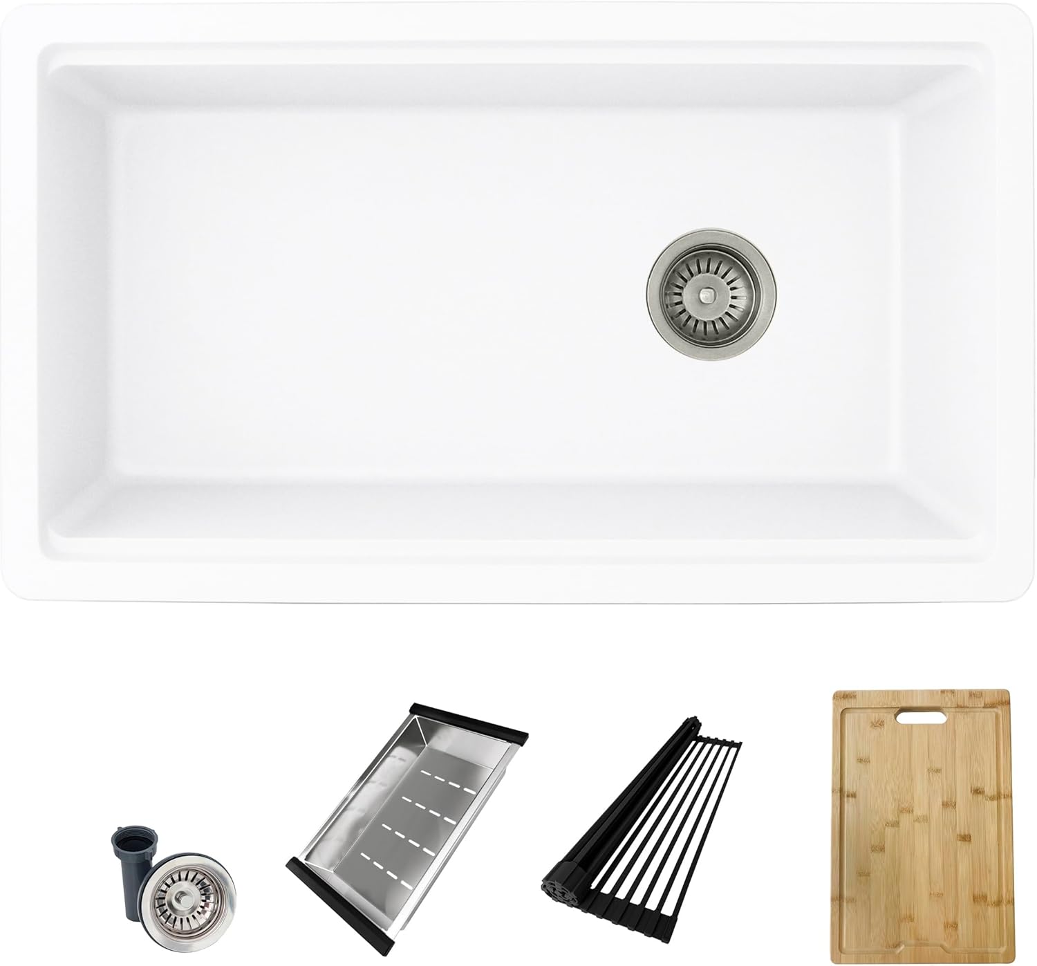 Stylish 32 x 18 Inch Composite Granite Workstation Kitchen Sink, Single Bowl Under Mount & Drop in, 9.5 in Deep, with Cutting Board, Roll-Up Drying Rack, Colander & Strainer, White, S-832WH