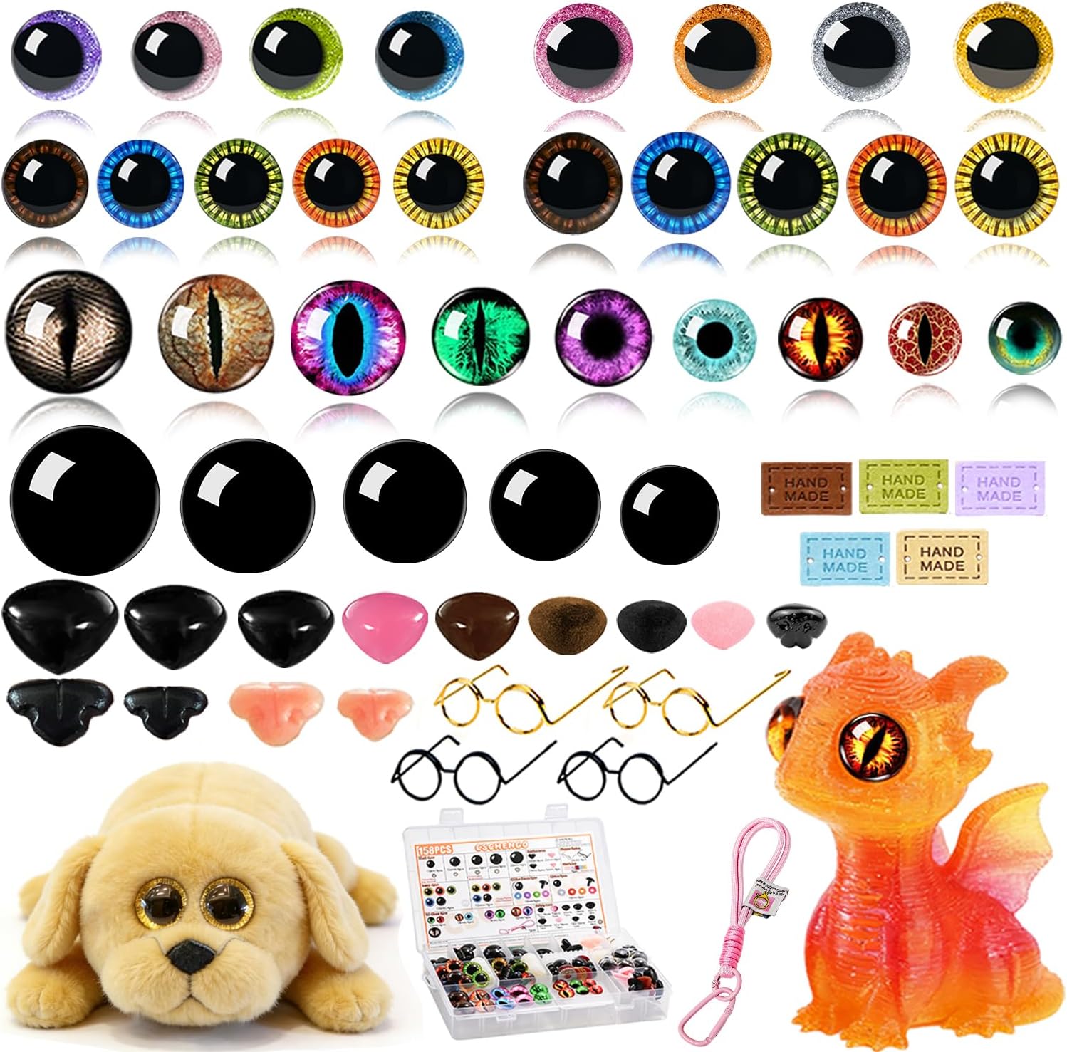 CSCHENGO 507 Pcs Craft Safety Eyes Set, 10-35mm 5 Styles 3D Shiny Round/Moon Eyes/Colorful/Black Eyes with Noses/Glasses/Tags,for Crochet Handmade Craft Figurines Plush Crafts DIY Handmade