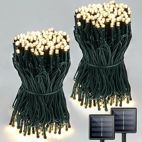 Miniatura 14 de Paquete de 2 tiras de 200 luces LED solares para exteriores, luces solares de Navidad para exteriores con 8 modos de iluminación, cable verde Blanco