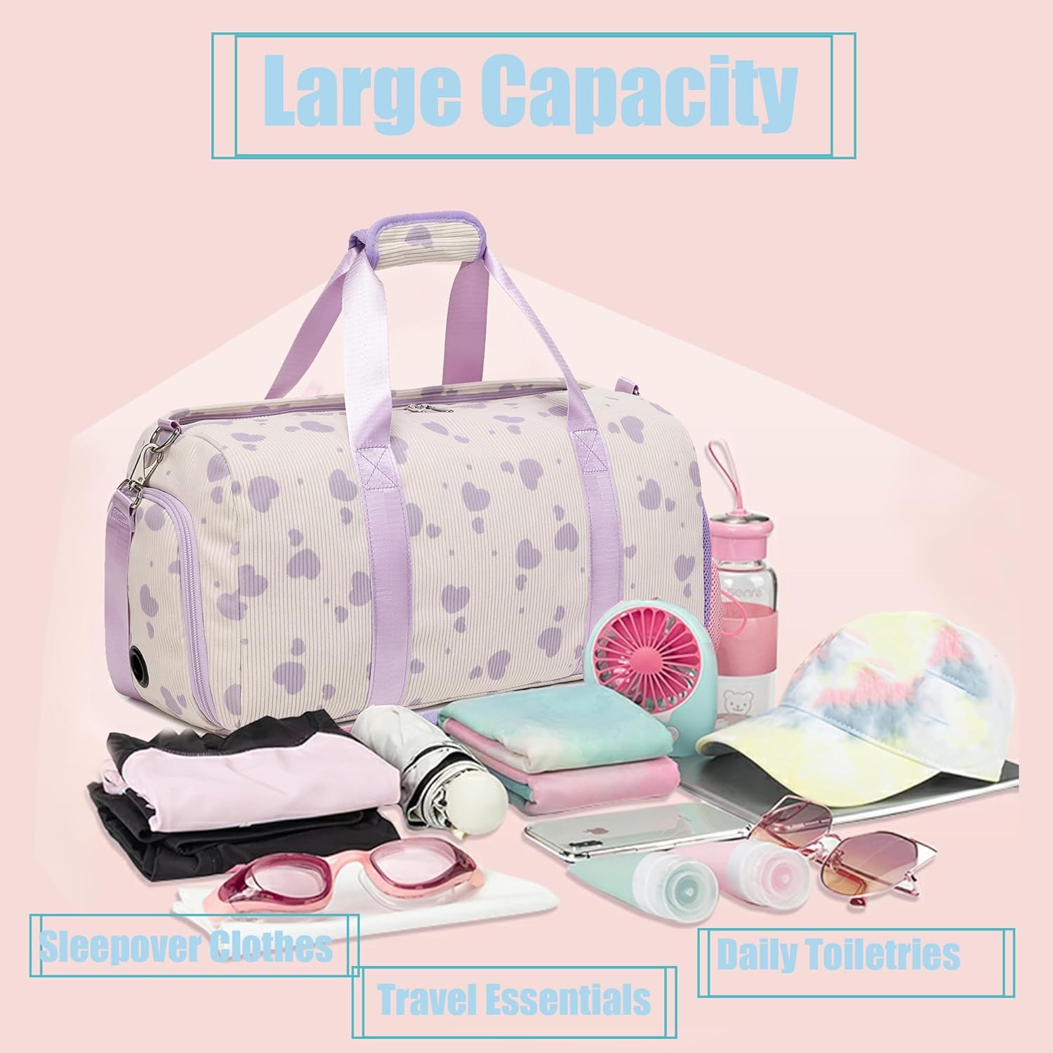 Corduroy Dance Bag Girls Duffle Bags Gymnastics Overnight Sleepover Gym Bag with Shoe Compartment and Wet Pocket,Heart Shape - Image 3