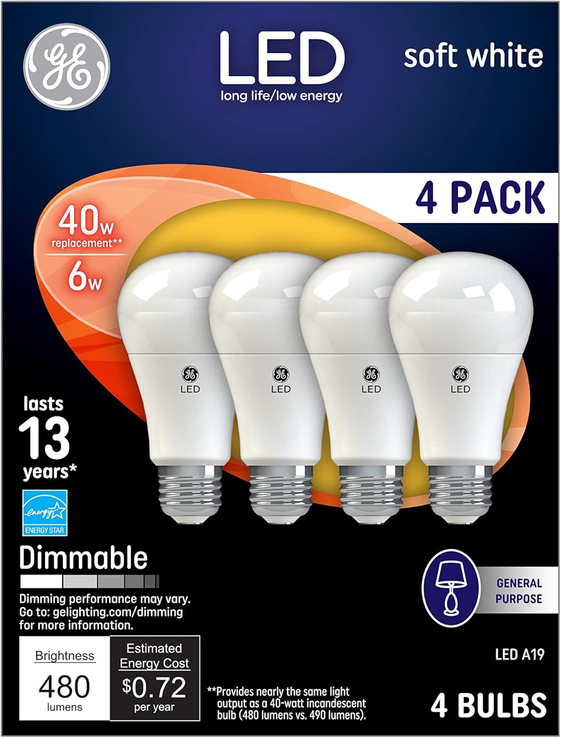 GE LED Light Bulbs, 40 Watt, Soft White, A19 (4 Pack