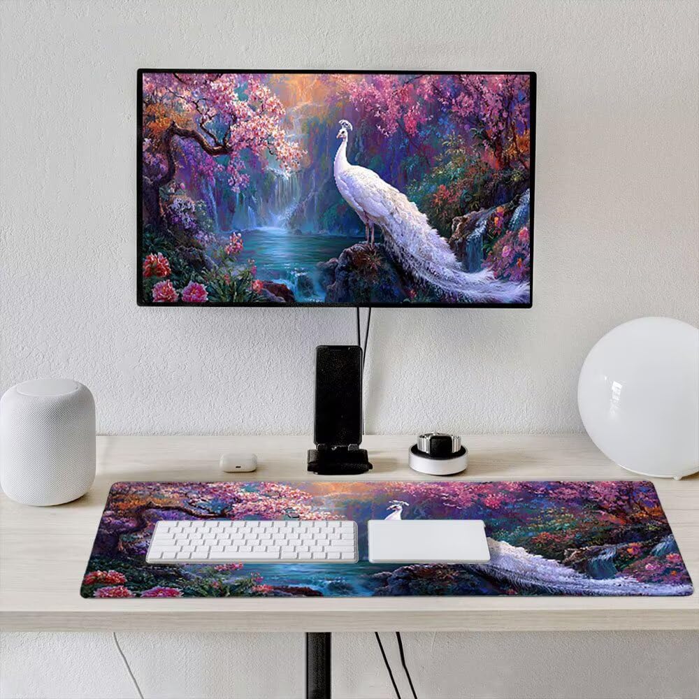 Podkładka pod mysz dla graczy, 1600x800mm XXL podkładka pod mysz do gier duża, zmywalna klawiatura biurowa mata antypoślizgowa gumowa wodoodporna, szyte krawędzie, gracz komputer PC, wodospad Peacock