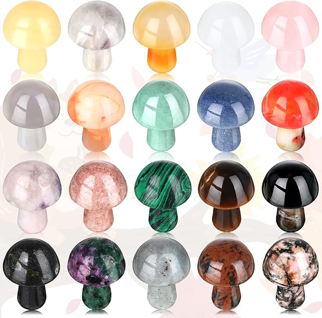 20 Pieces Crystal Mushroom Sculpture Decor Hand Making Mini Mushroom Shape Worry Stones Bulk Crystals Gemstone Quartz Mushroom Decor for Witchcraft DIY Meditation Balancing Collection (Bright Style)