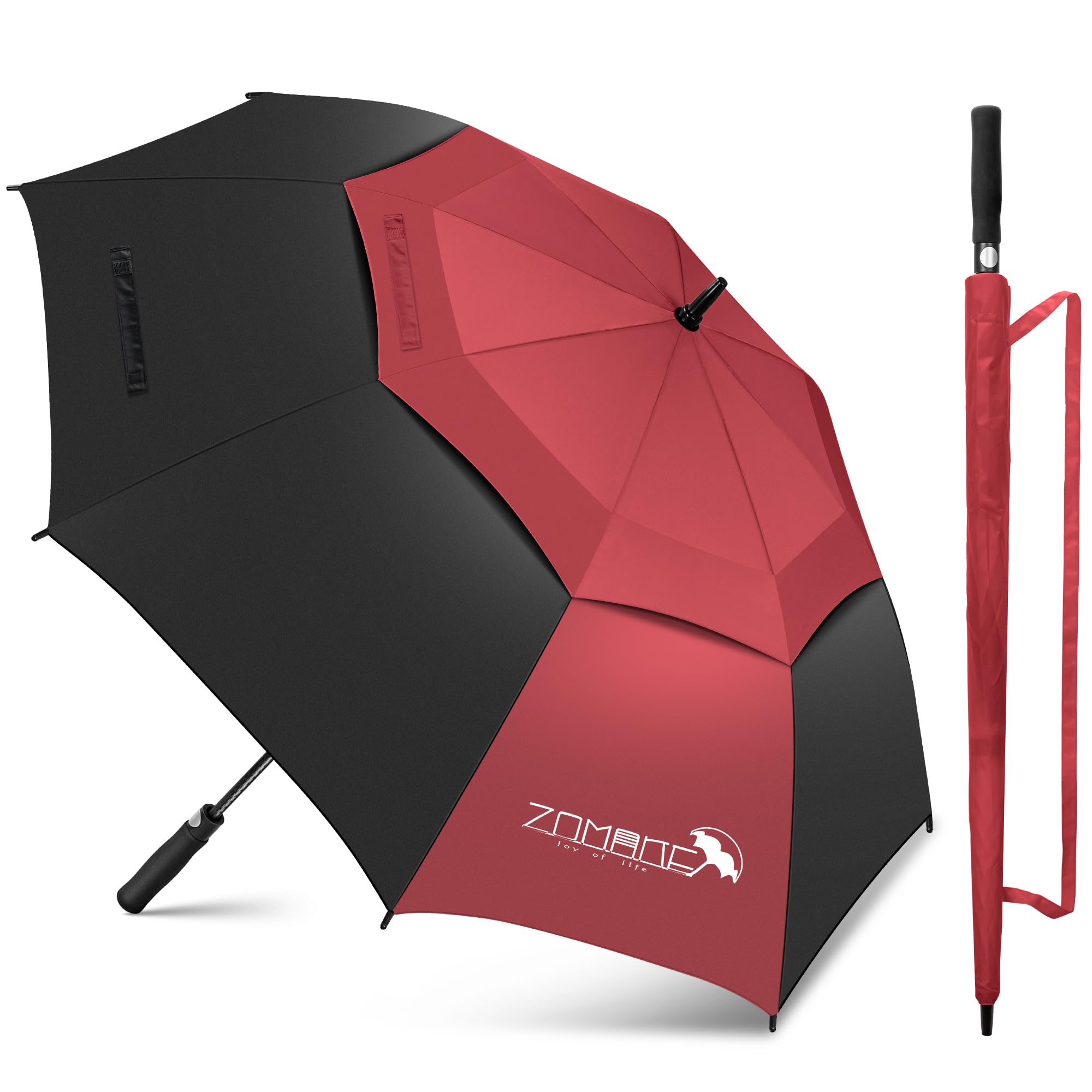 ZOMAKE Golf Umbrella Windproof and Rainproof 62in, Large Umbrella Windproof Strong, Unbreakable Big Golfing Brolly Double Canopy for Men Women (Black/Red)