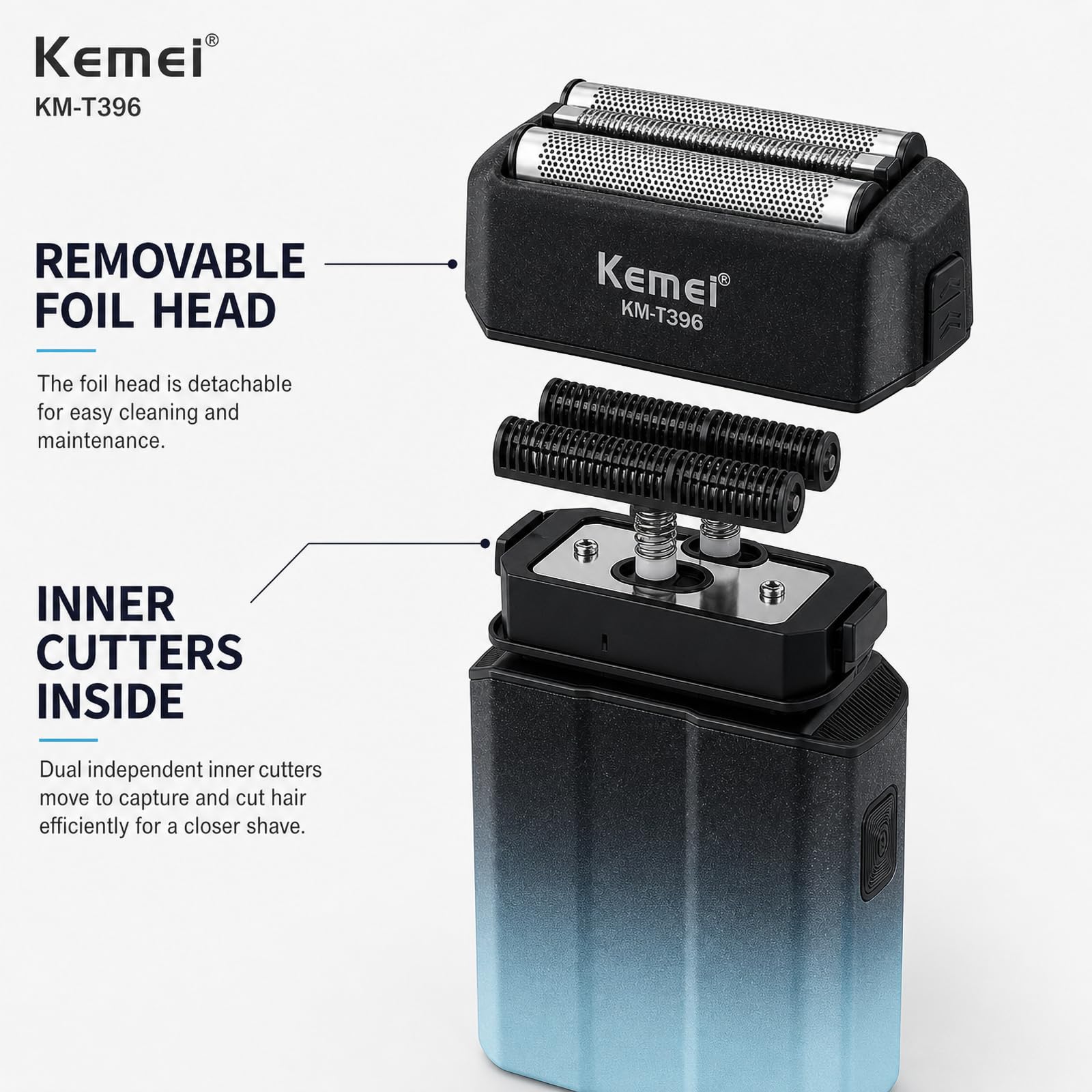 Kemei KM-T396 - Rasoio elettrico da uomo, con 3 lame galleggianti, 7500 giri/min, ricaricabile, senza fili, tipo C, durata 120 minuti, display a LED, blocco da viaggio, blu