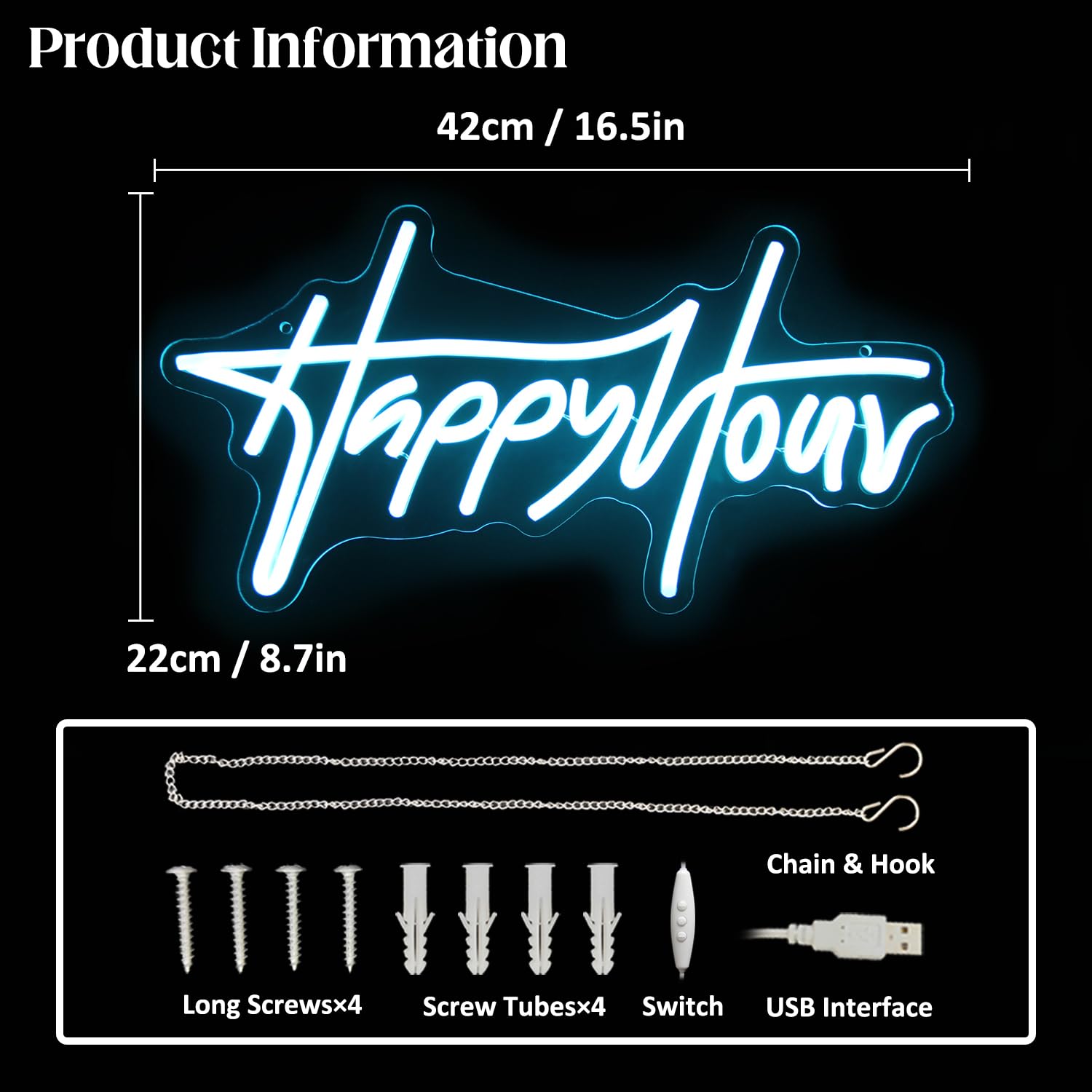 Happy Hour Neon Sign Blue Letter LED Neon Lights Dimmable Neon Bar