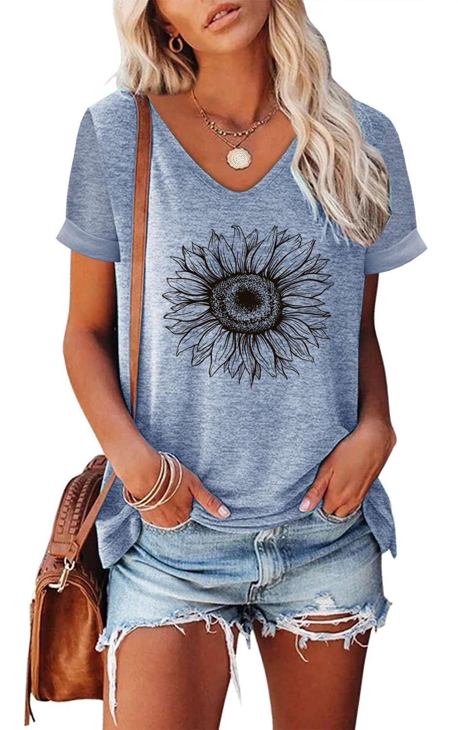 NAIOSS Damen Tshirt Kurzarm Bedruck Oberteile Sommer Tops V-Ausschnitt Shirts Baumwolle Casual tuniktop Bluse