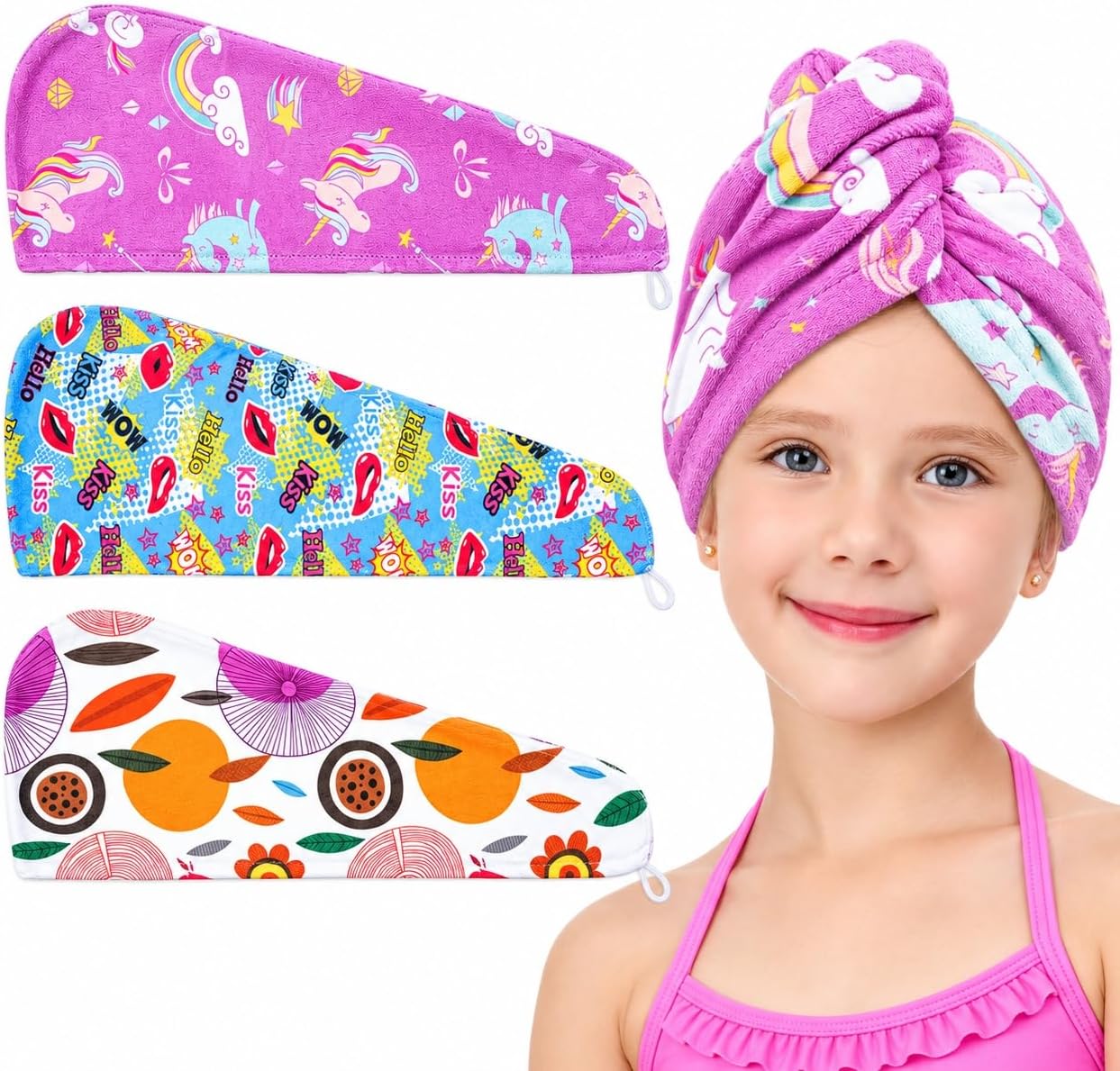 Microfiber Hair Towel Wrap for Kids Girls, Ultra Absorbent, 3 Pack | Quick Dry ,Anti-Frizz Turban, Button Loop Design,Easy Wear, For Long Curly Thick Hair, Bath,Swim,Gym & Travel, Girls Women