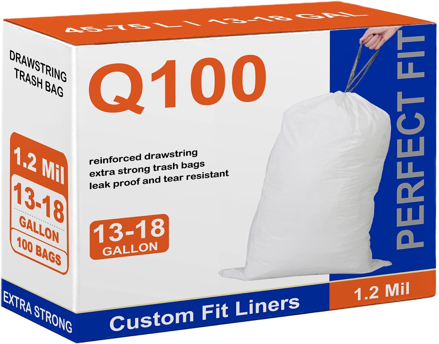 Code Q 100 Count 13-18 Gallon Trash Bags Compatible with simpIehuman Code Q Heavy Duty 1.2 Mil THICK White Garbage Can Liners Reinforced Drawstring PERFECT FIT & GRAND SAVE