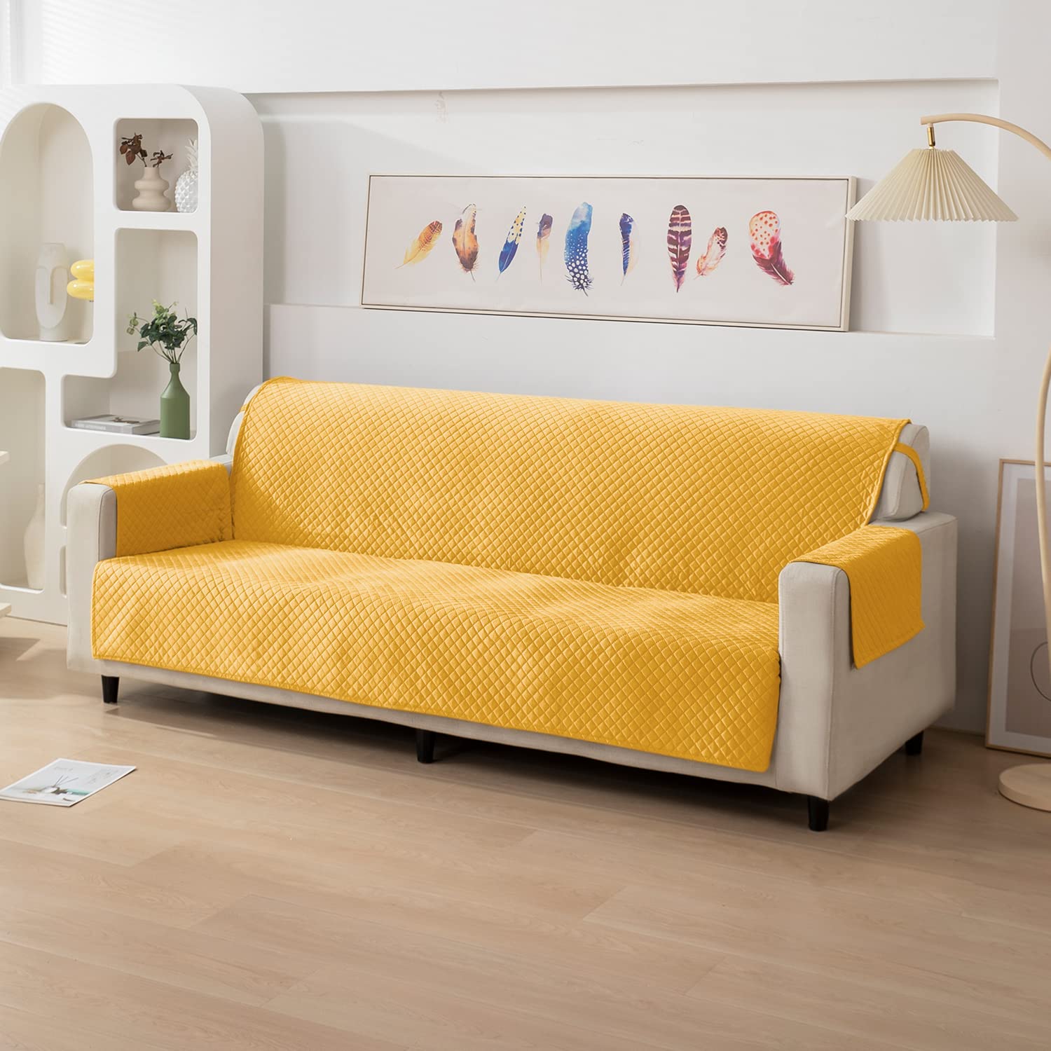 HOKIPO 4 Seater Quilted Velvet Sofa Cover Mat, 220x184 cm, Mustard Yellow (IN-602-YLW)