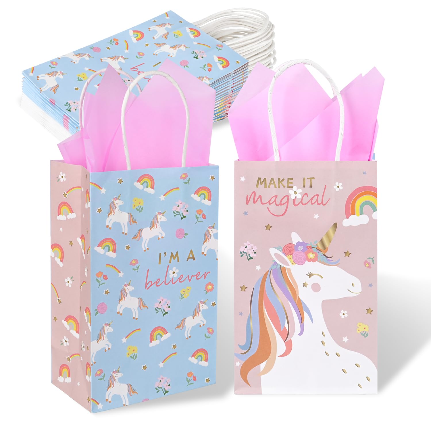 DjinnGlory 36 Pack Unicorn Rainbow Magical Themed Gift Bags with Handles and Pink Tissue Paper for Girls Birthday Party Favors, Treats, Goodies,