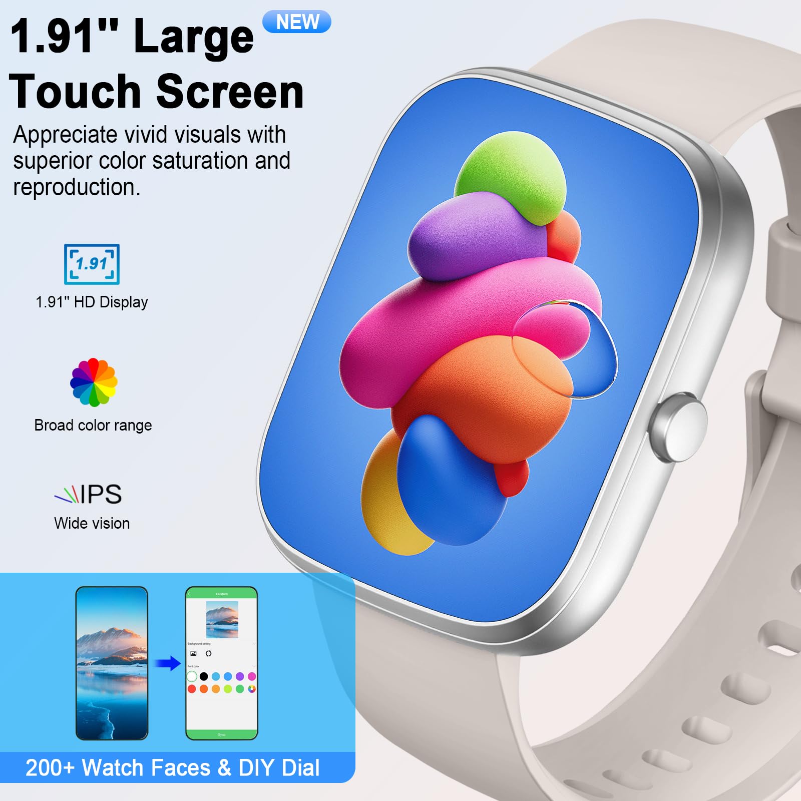 Smartwatch Uomo Donna, 1.91" Orologio Fitness con Effettua/Risposta Chiamate, 110+ Sportive Fitness Tracker, Sonno Cardiofrequenzimetro, Contapassi/Calorie/Impermeabil IP68 Smart Watch, Argento-Beige