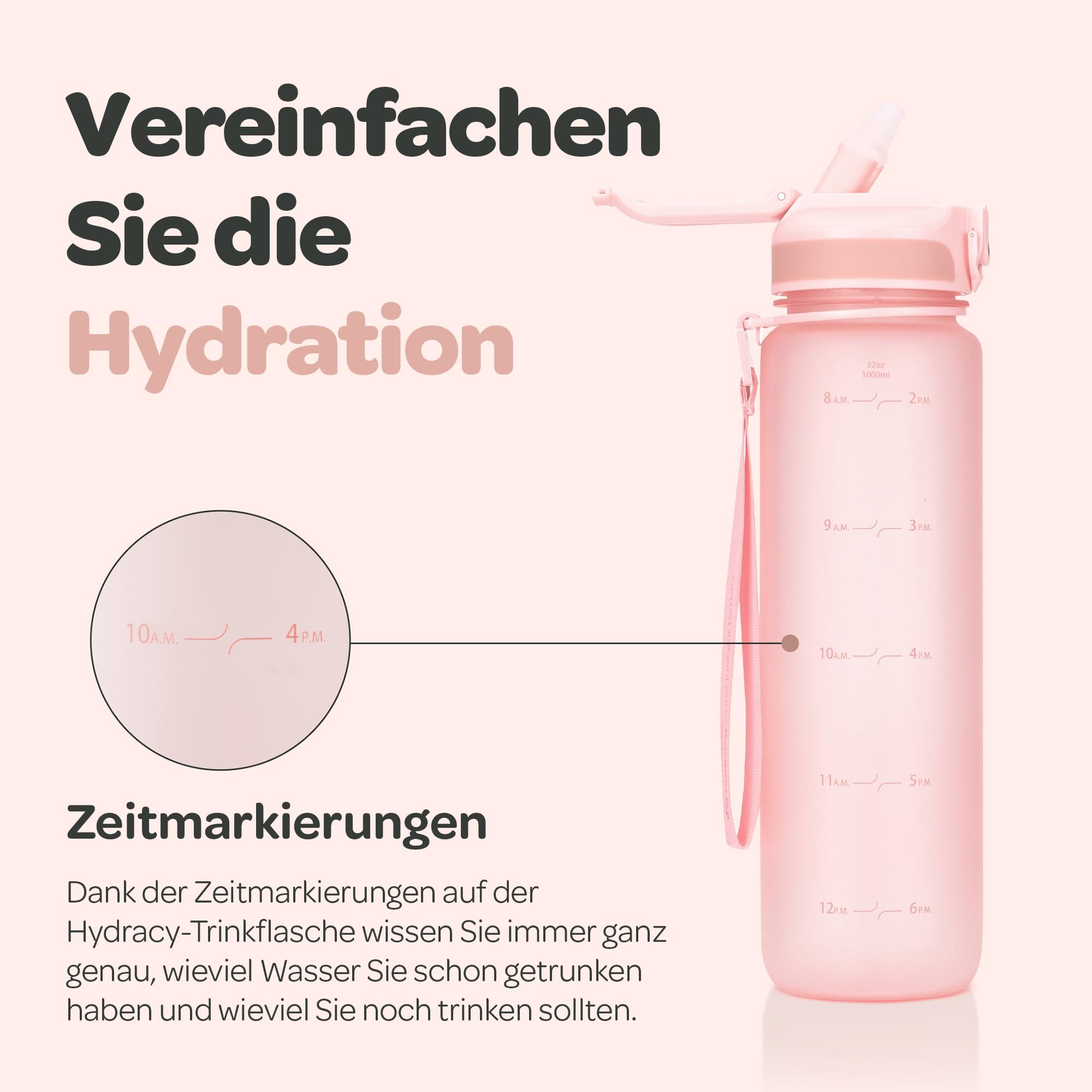 Hydracy Trinkflasche mit Strohhalm und Zeitmarkierung - 1L Wasserflasche - BPA-freie Trinkflasche - Auslaufsichere Sportflasche - Kondensationsfrei für Sport und Outdoor