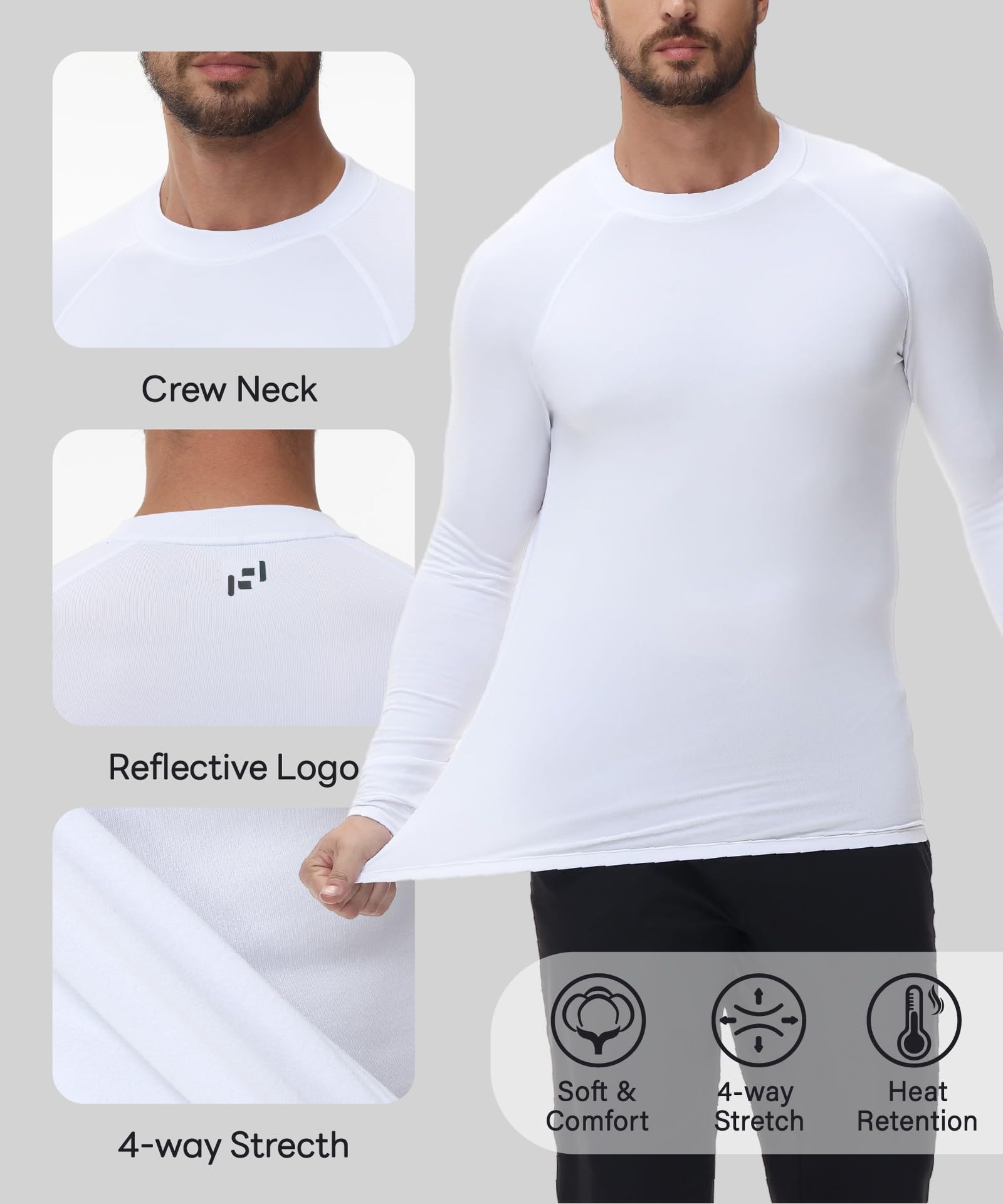 HUGE SPORTS Maillot Thermique pour Homme Hiver Sous-Vêtements Thermiques à Manches Longues Séchage Rapide Course Cyclisme, Blanc/blanc, Medium