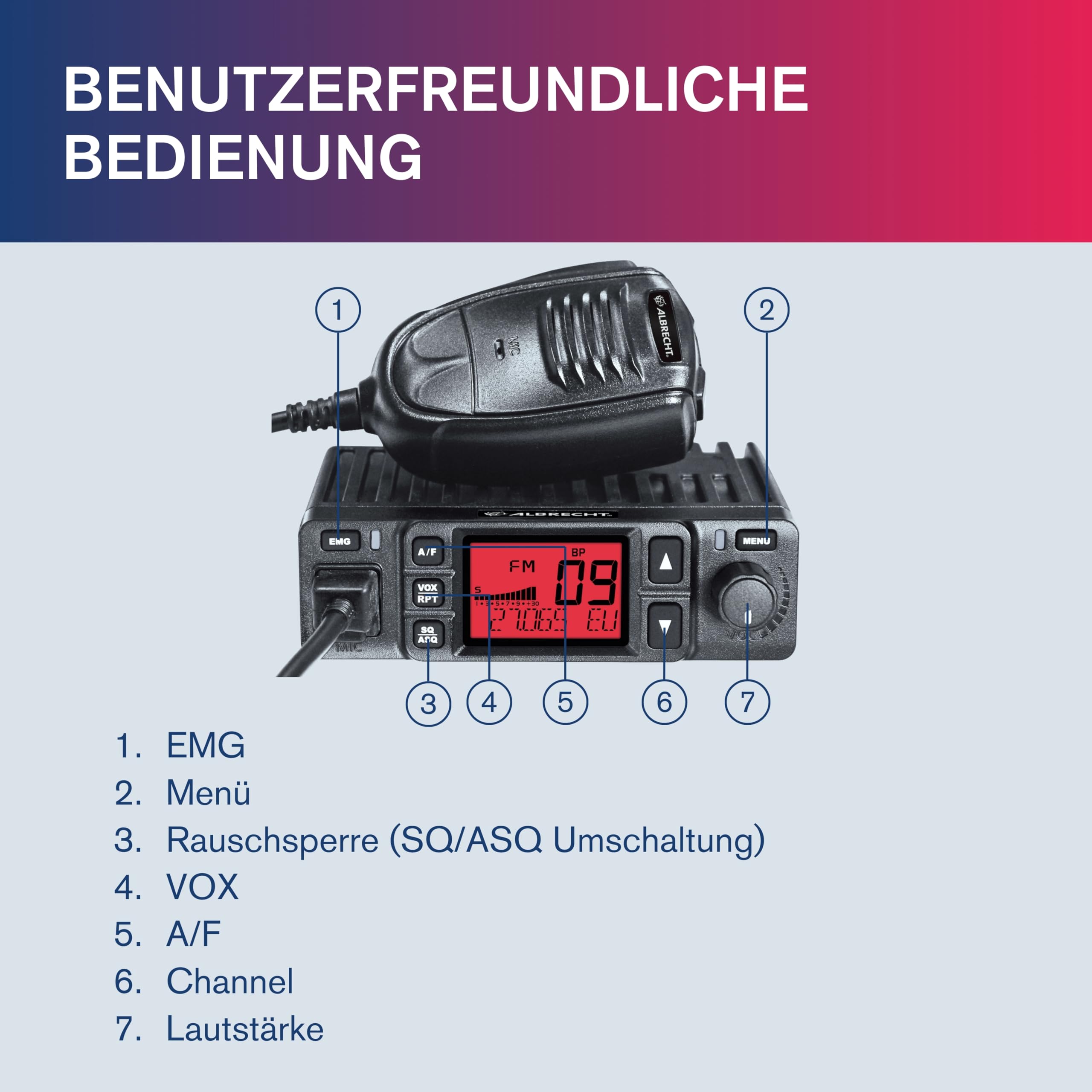 Albrecht AE6290 CB Funkgerät, 12629, mit integrierter Repeater/Relais Funktion, 12/24V, VOX, RJ-45 Westernstecker Schwarz