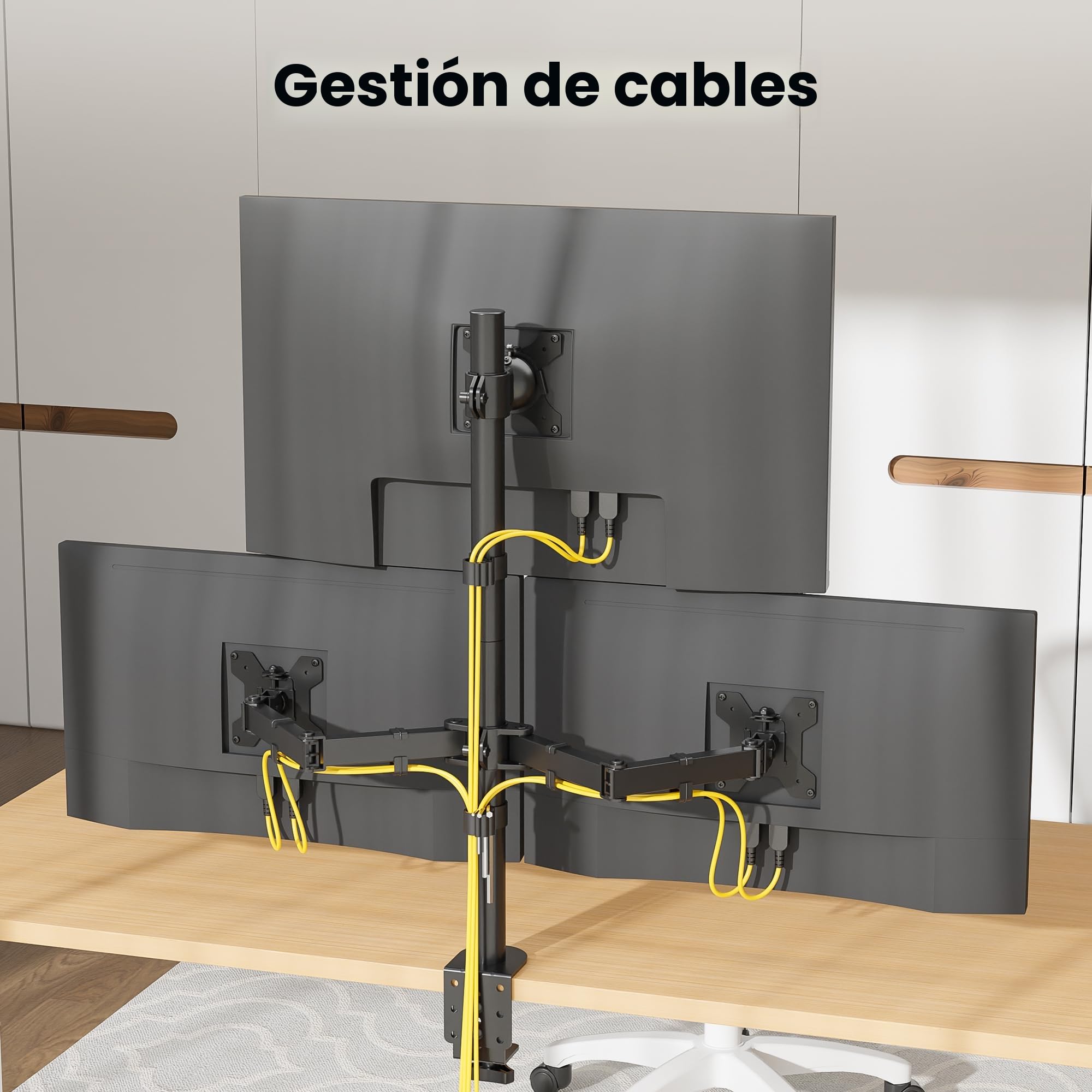 BONTEC Soporte para Monitor Triple, Para 1 Pantalla de 32 Pulgadas y 2 de 27 Pulgadas, Soporta 10 kg, Brazo con Ajuste de Movimiento Completo, VESA 75/100mm, Soporte de Escritorio para Oficina, Gaming