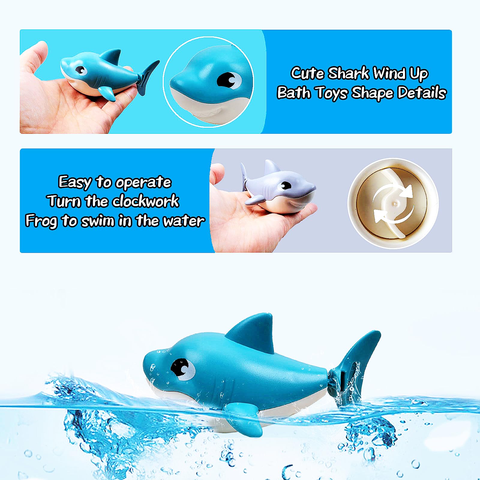 Saurawan Ocean Shark Toy Set, 2 Pcs Wind Up Bath Toys for Toddlers 1-3 2-4 3-5, Swimming Bathtub and Floating Pool Plaything, Water Table Accessories, Easter and Christmas Favors