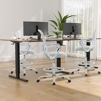 DUMOS Drafting Chair - Ergonomic Tall Office for Standing Desk, Counter with Height Adjustable and Comfortable Lumbar Support, Fixed Armrests, Grey