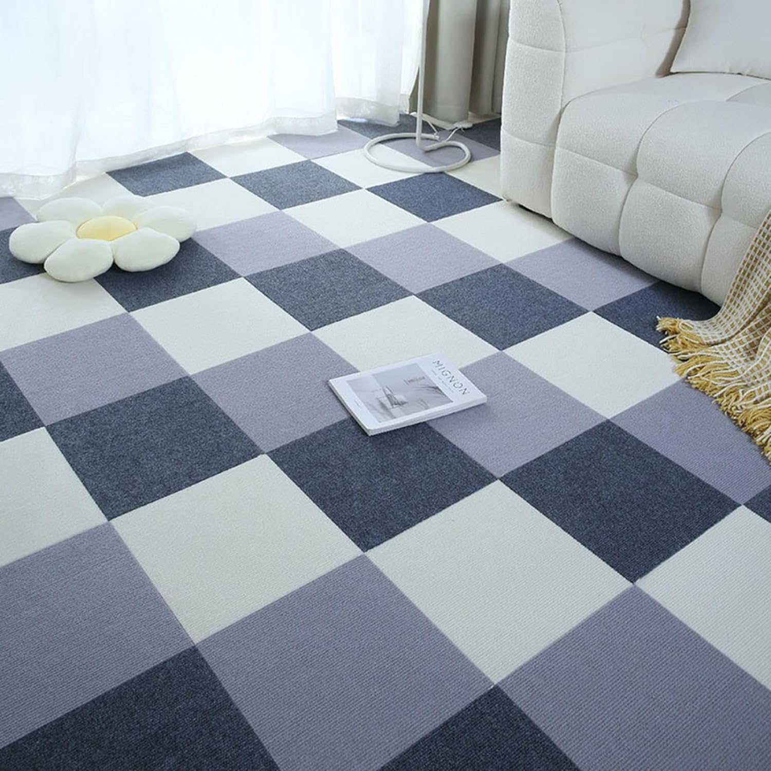 Dalles de moquette auto-adhésives 12 x 12 pouces, dalles de sol auto-adhésives résidentielles, à décoller et à coller, antidérapantes, faciles à nettoyer for la maison, tapis d'épissure 12 pièces(Ligh