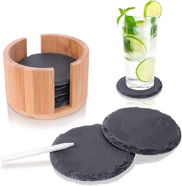AMAZY Slate Coaster Set (8 Pieces) Incl. Chalk Pen - Decorative Glass Coasters Made of 100% Natural Slate Slabs with Practical Holder Made of Fine Bamboo - Great Gift Idea (Round | 10x10 cm)