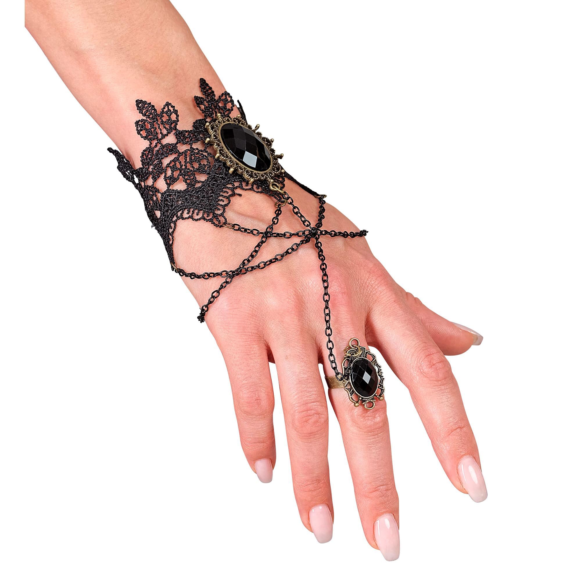 W WIDMANN MILANO Party Fashion - Koronkowa bransoletka z pierścionkiem i kamieniem szlachetnym, gotycka, dodatek do kostiumu na Halloween