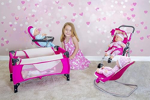 Miniatura 20 de fash n kolor El juego de 4 piezas para muñeca de bebé, diseño de flores, incluye paquete plegable y juego, cochecito de muñeca de bebé, silla alta 4
