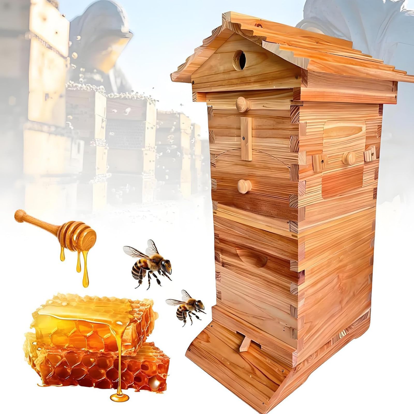 Kit de inicio de colmena con ventana de observación y boquilla de miel, caja completa de apicultura de madera con 4 marcos y 6 bandejas de panal para apicultores principiantes