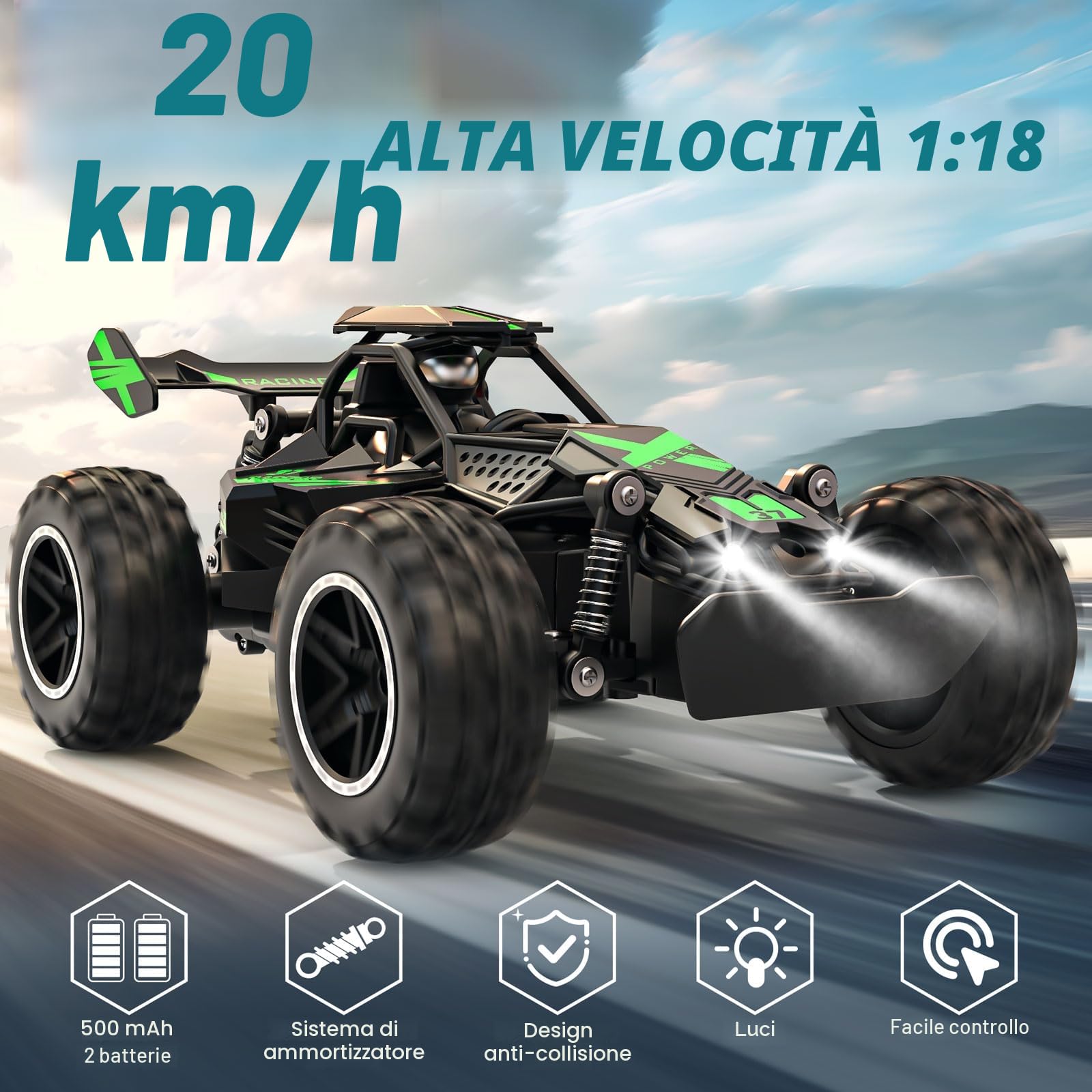 ACAMMZAR Macchina Telecomandata per Bambini, 1:18 20+KM/H Off Road Monster RC Truck, RC Auto Telecomandate per Anni e Adulti, Verde