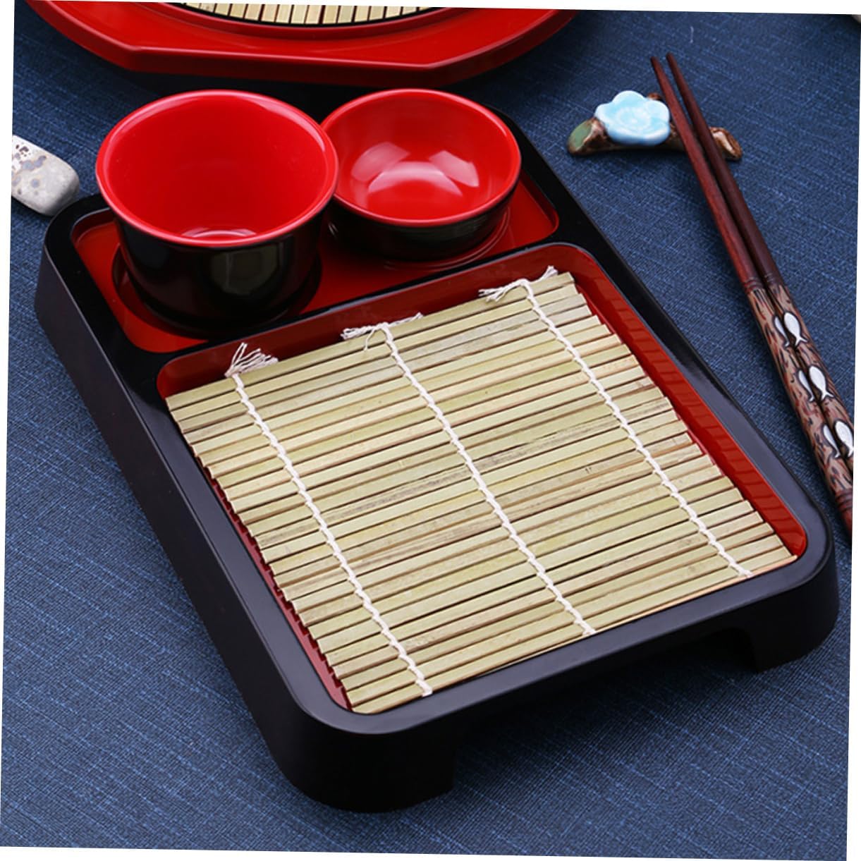 1 Set Japanese Soba Noodle Dish with Mat Rectangular Udon Noodles Plate for Cold Dishes for Personal Use and Family Activities