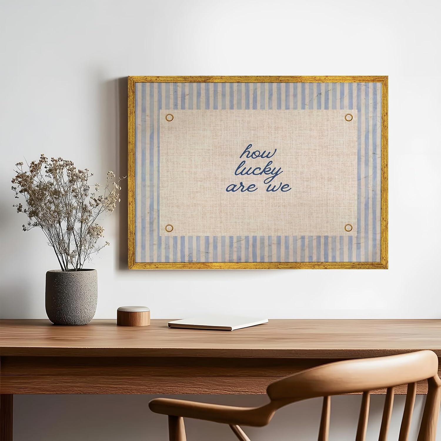EQUEEN Golden Frame Blue Positive Wall Art How Lucky Are We Poster Trendy Aesthetic Home Wall Decor Typography Canvas Print Vintage Aesthetic for Dorm Bedroom 8x12inch