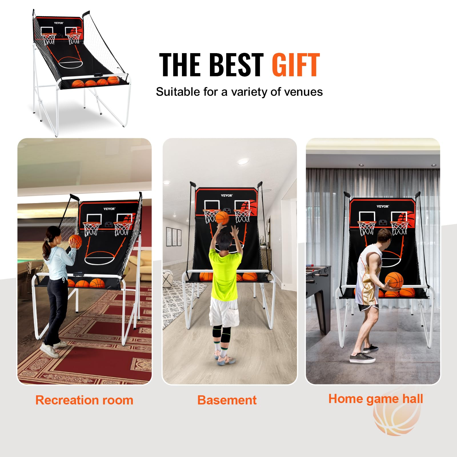 VEVOR Juego de baloncesto plegable de arcade, juego de baloncesto interior para 2 jugadores, deporte dual en casa con 4 bolas, 8 modos de juego, marcador electrónico y bomba de inflado, para adultos 6