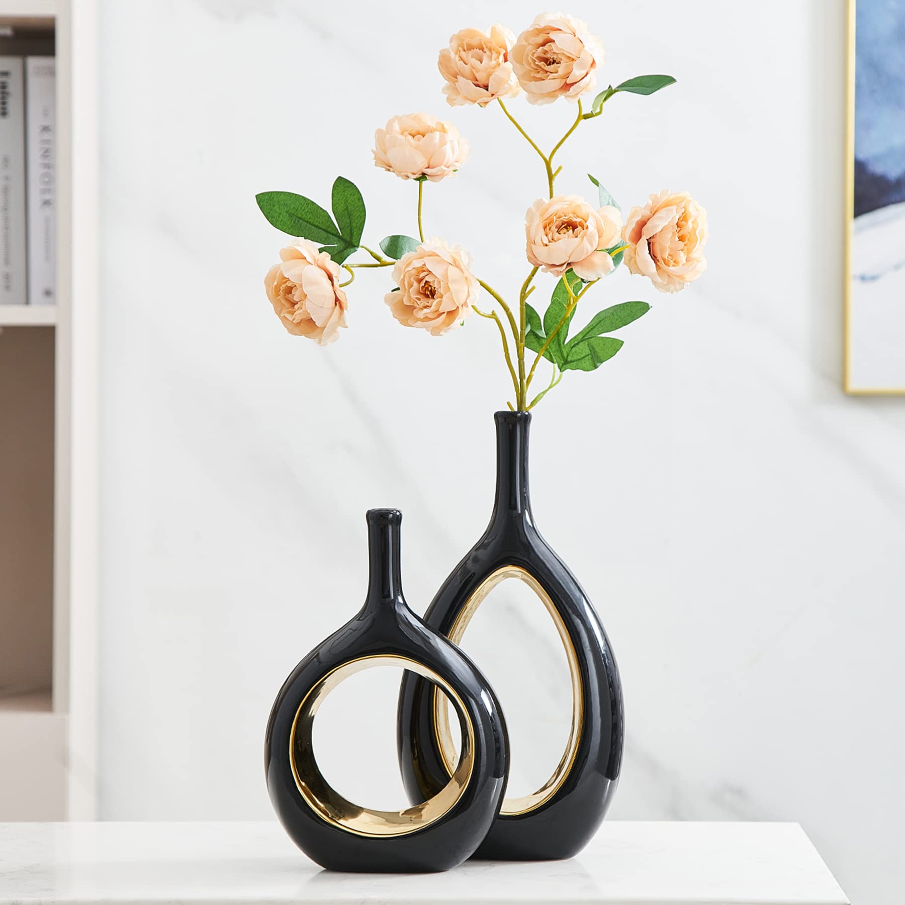 Octdays Schwarz und Gold Vase für Dekor, Moderne Keramikvase für Blumen, Minimalistische Vase, Hohle Ovale Vase für Heimdekoration, Wohnzimmer, Büro, Bücherregal Dekoration, 2er Set (Schwarz Gold)