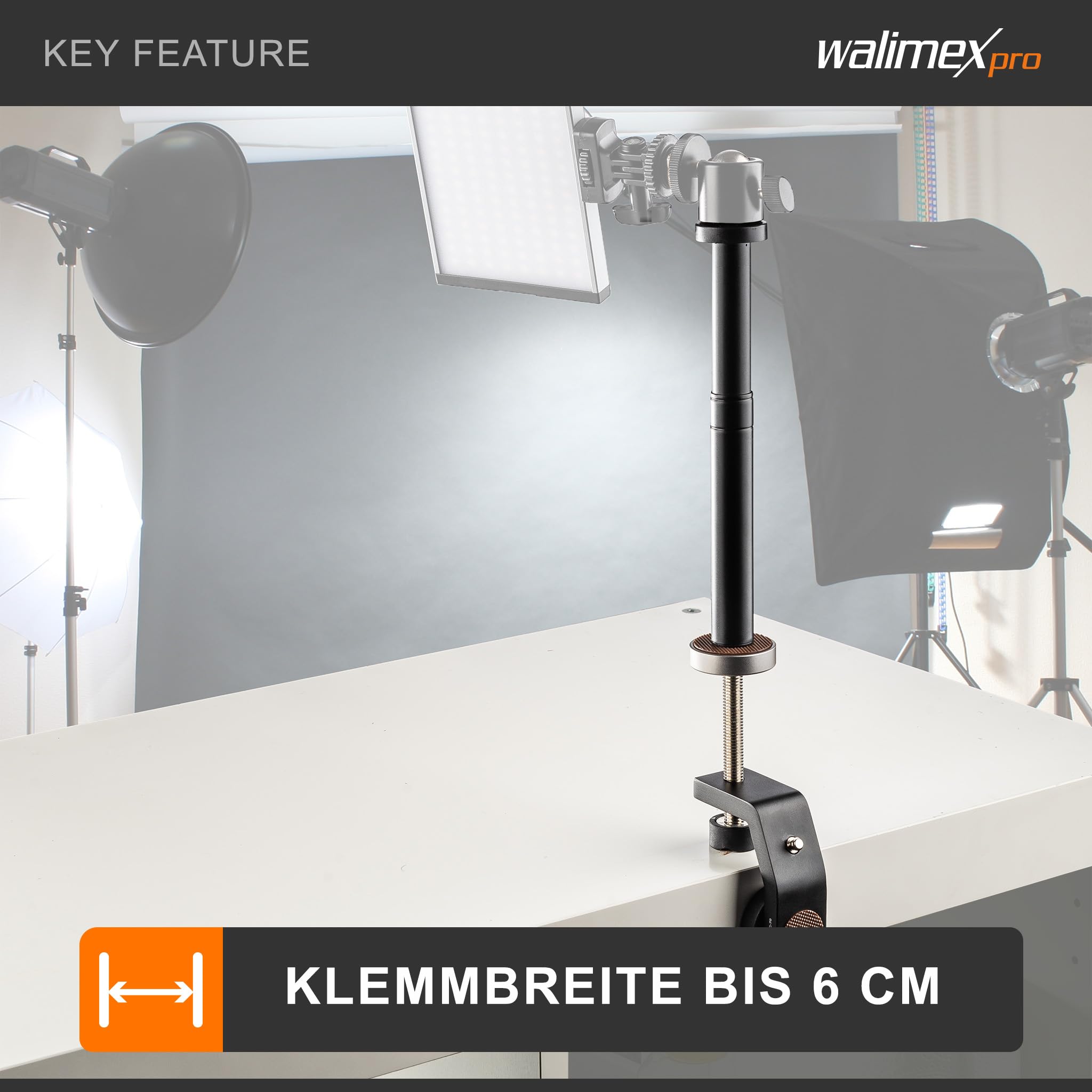 Walimex pro KX-20 Stativ Klemme – Klemmstativ, Blitzklemme, Aluminium, mit ausziehbarer Mittelsäule 12,5-20 cm, für Kamera, LED Leuchten, Halterung für Stativ, Rohr, Platte, Tisch