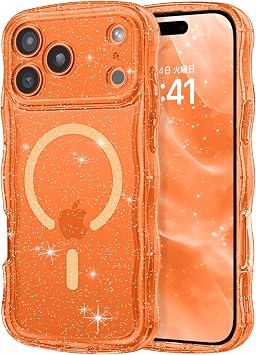 GaoBao iPhone 17 Pro Case, Clear, Womens, Corrugated, Glitter, Thin, Anti-Yellowing Ribbon, US Military MIL Standard, iPhone 17 Pro Case, Anti-Slip, Fingerprint, Shockproof, Stylish, Compatible with iPhone 17 Pro, Cover, Transparent, Strap Hole Included, For iPhone Latest Series, MagSafe Orange
