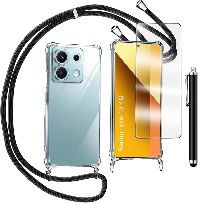 TTSWJBD Átlátszó Telefontok Nyakpánttal Xiaomi Redmi Note 13 4G - Levehető Fekete Zsinórral, Képernyővédővel, Ütésálló Szilikon Védőtok