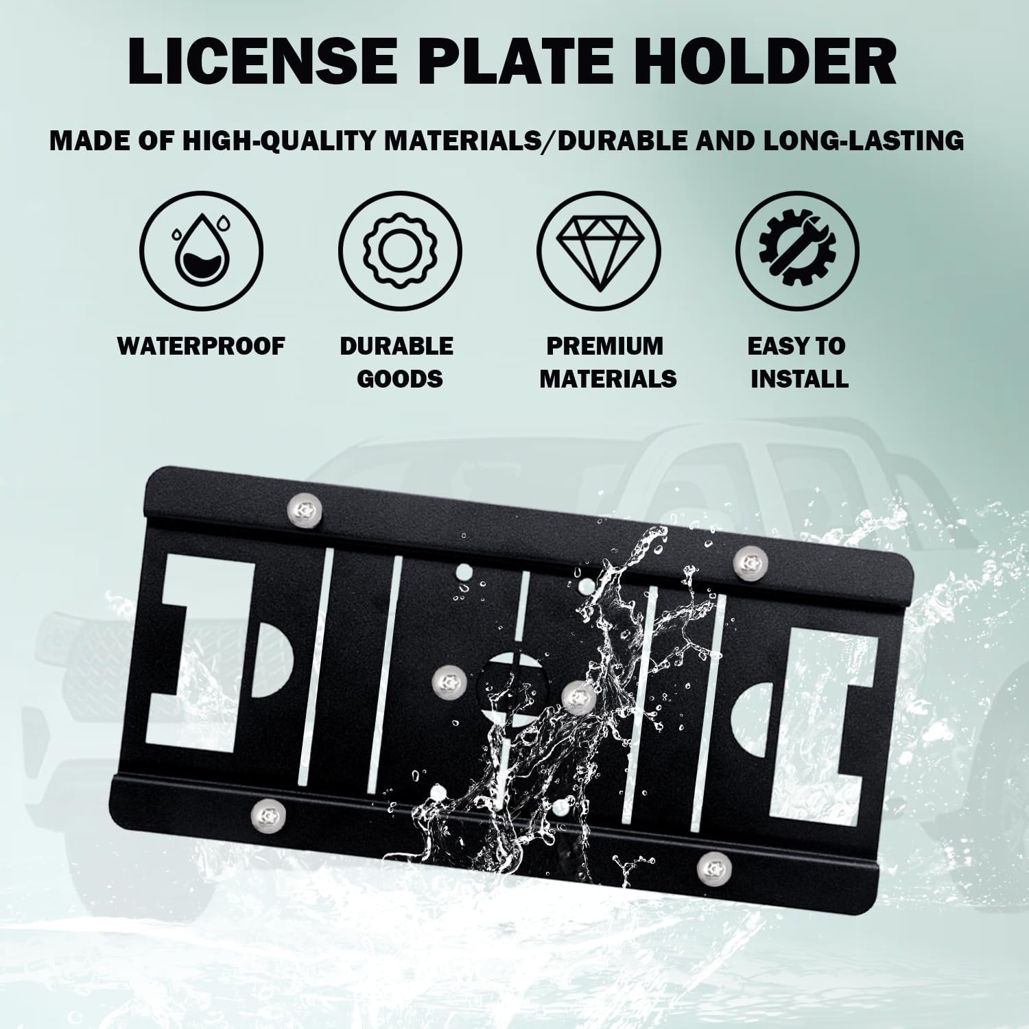 No Drill Front License Plate Frame Compatible with Pickup, Adjustable, Waterproof and Rust Proof, Fits Ford F-150 F-250 RAM 1500 2500 Chevy Silverado GMC Sierra Toyota Tundra Tacoma Nissan Titan