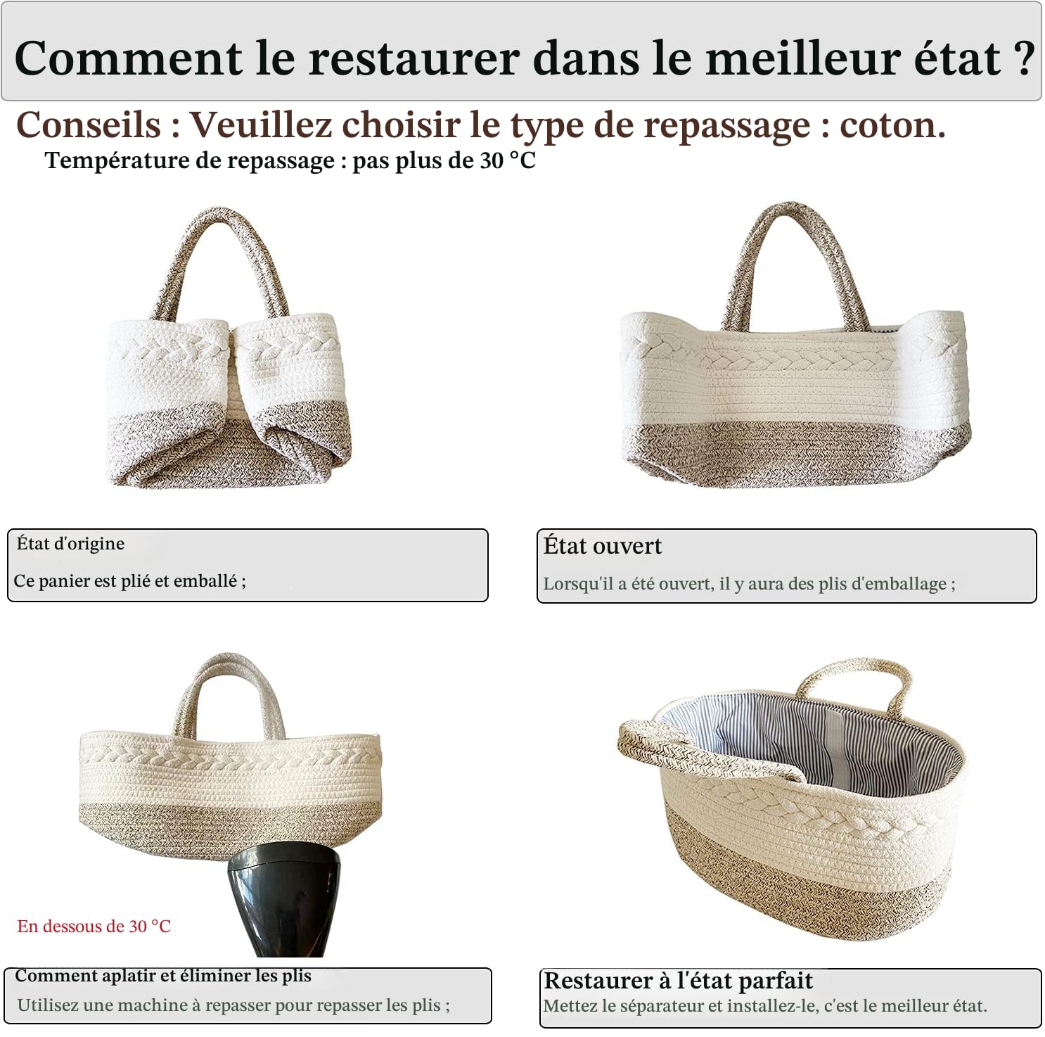 YEONHWA Boîte de rangement pour couches de bébé, panier de rangement en coton pour bébé en corde tissée, poignée portable avec grande boîte de rangement pour vestiaire, beige